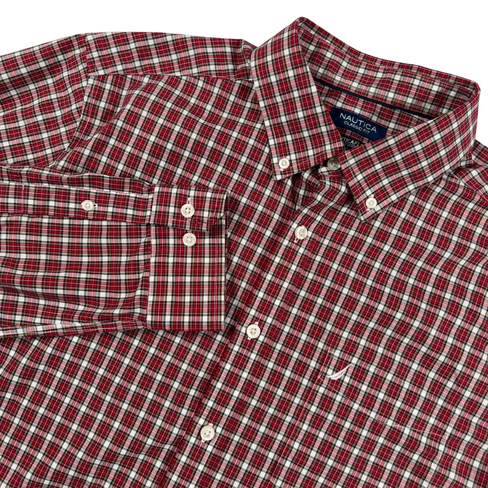 Nautica Shirt Mens XL Red Plaid Classic Fit NauticaFlex Wrinkle Resistant Shirt